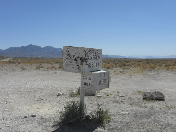 Mailbox known as "black mailbox", a marker or a sign to make a turn to the dirt road, that leads to Groom Lake Road.