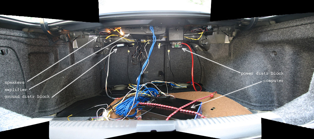 First time start-up in the trunk, all wiring is exposed, nothing is secured.