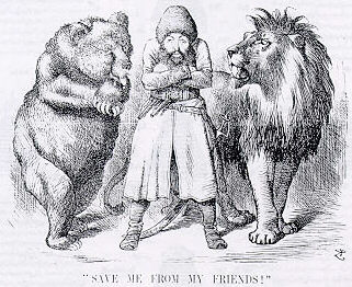 Political cartoon depicting the Afghan Emir Sher Ali with his "friends" Russia & Britain (1878).